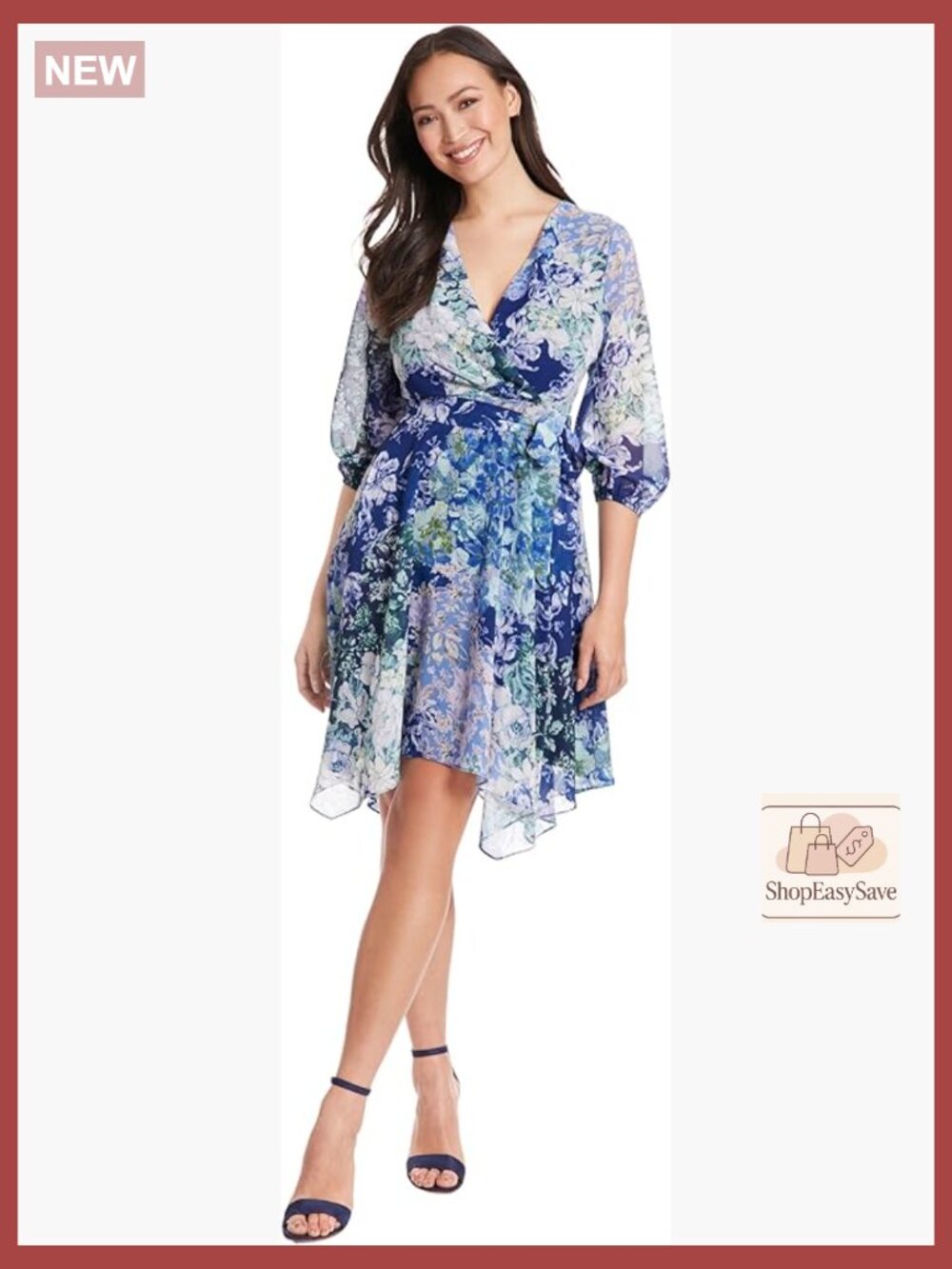 V-Neck Floral Wrap Dress with Puff Sleeves and Handkerchief Hem Elegant Chic